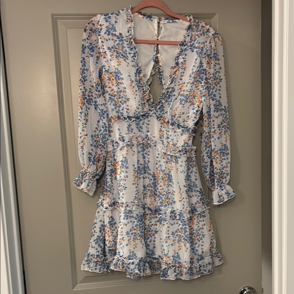 Floral Ruffle Dress - Blue and Orange